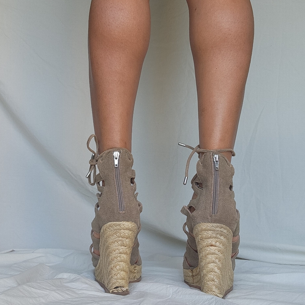 Women's Steve Madden "Theea" Taupe Suede Wedge Sandals - Picture 4 of 16